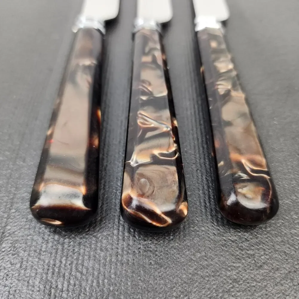 3 MIKASA 18/0 Tortoise Handle Flatware Brown Acrylic Handle Dinner Knives 9.5